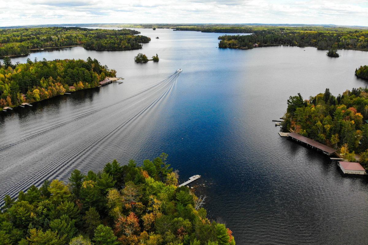 Aerial view of Lake Vermilion's main channel, islands, and boathouses in fall