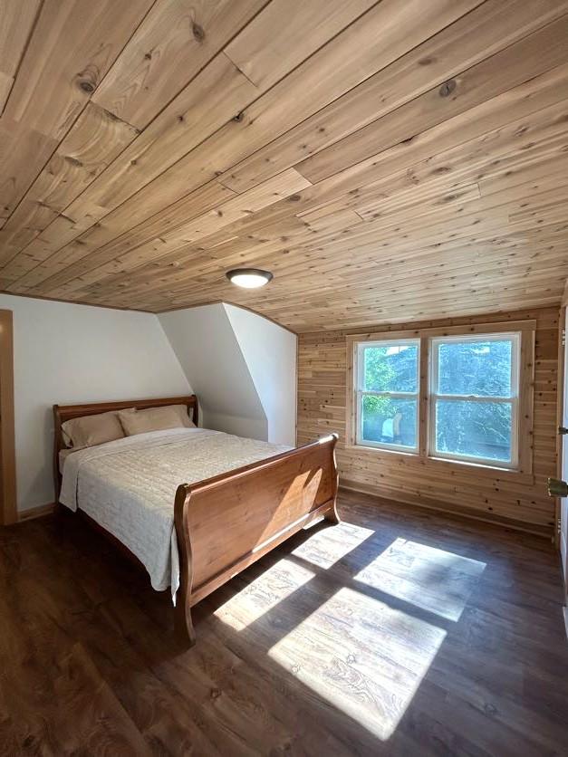 Bedroom with knotty pine ceiling and walls and a sleigh bed