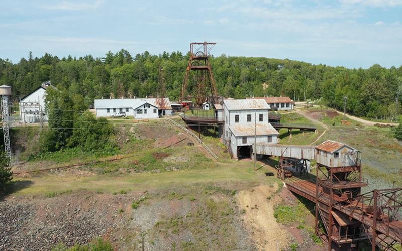Aerial view of the historic Soudan Underground Mine headframe and buildings
