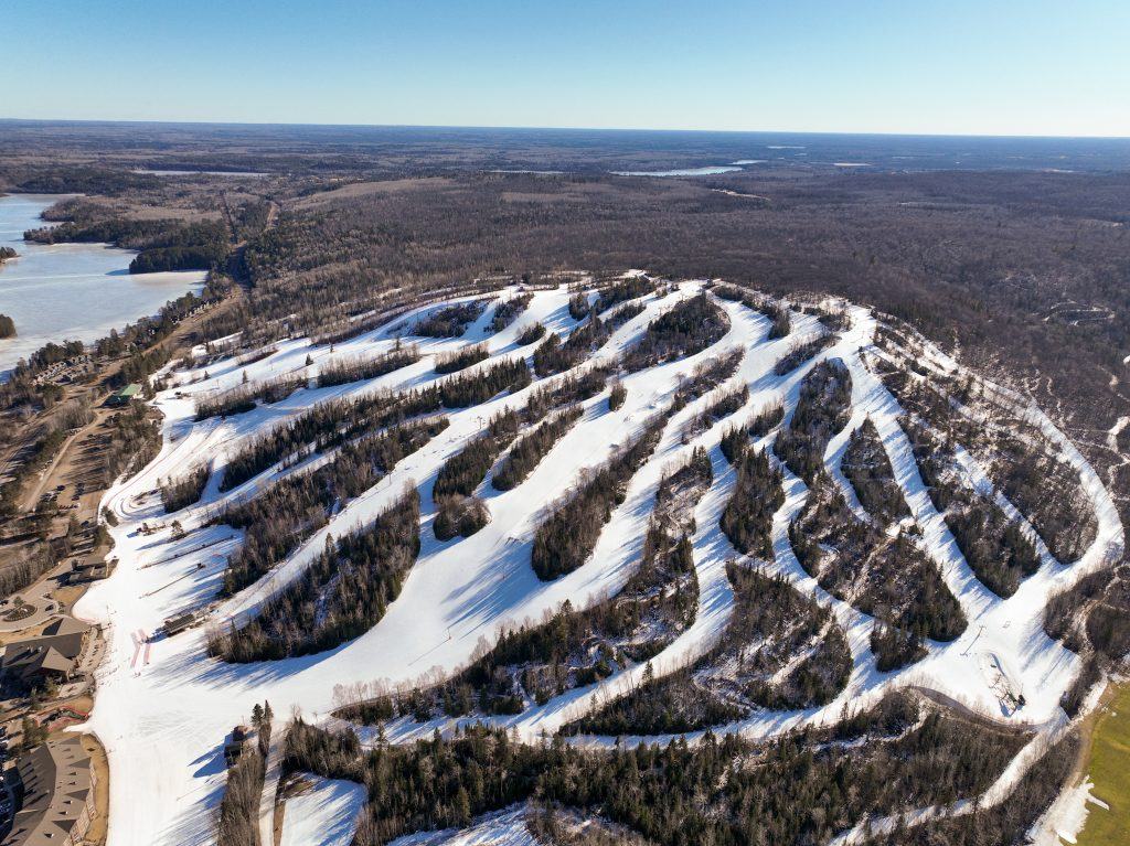 Aerial view of ski runs cut into the hillside at Giant's Ridge
